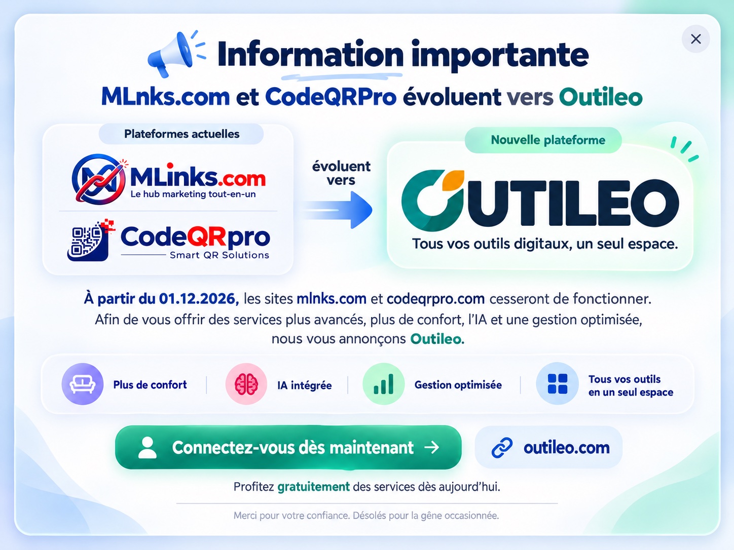 MLnks.com et CodeQRPro évoluent vers Outileo